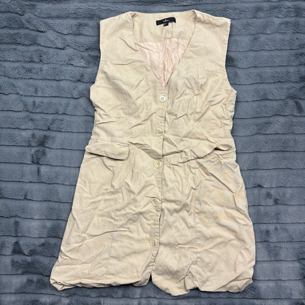 Lulus Tan Linen Blend Button Down Sleeveless Vest Mini Dress Womens Medium
